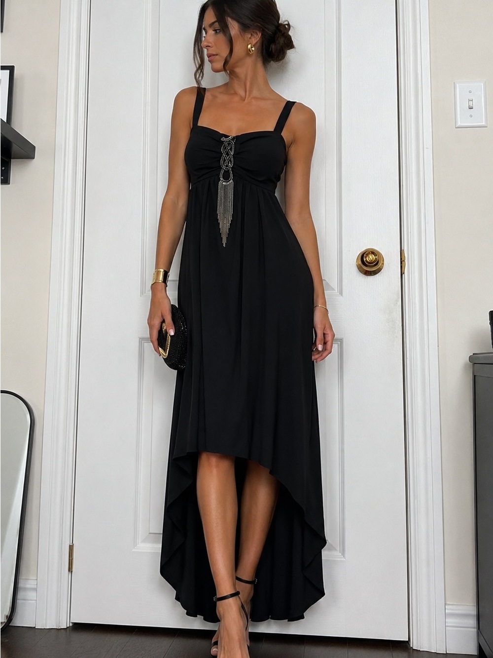 R&M Richards Black High-Low Evening Dress with Chain Detail